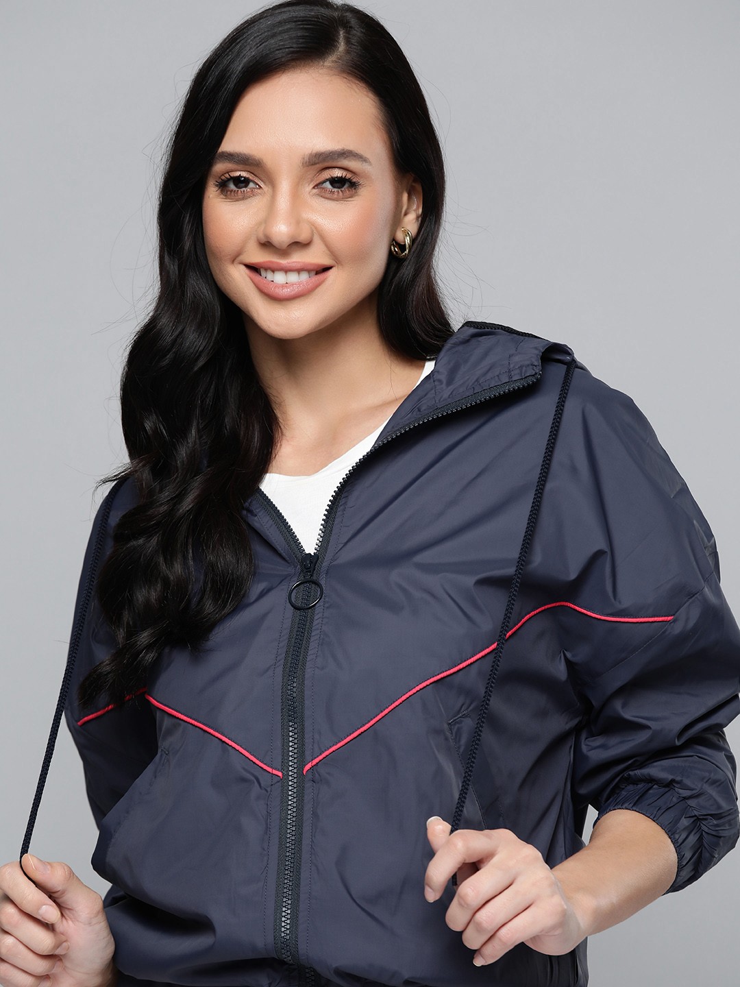 

Mast & Harbour Women Navy Blue Solid Bomber Jacket