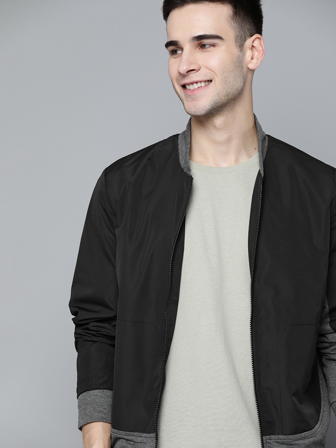 

Mast & Harbour Men Black & Charcoal Grey Solid Bomber Jacket