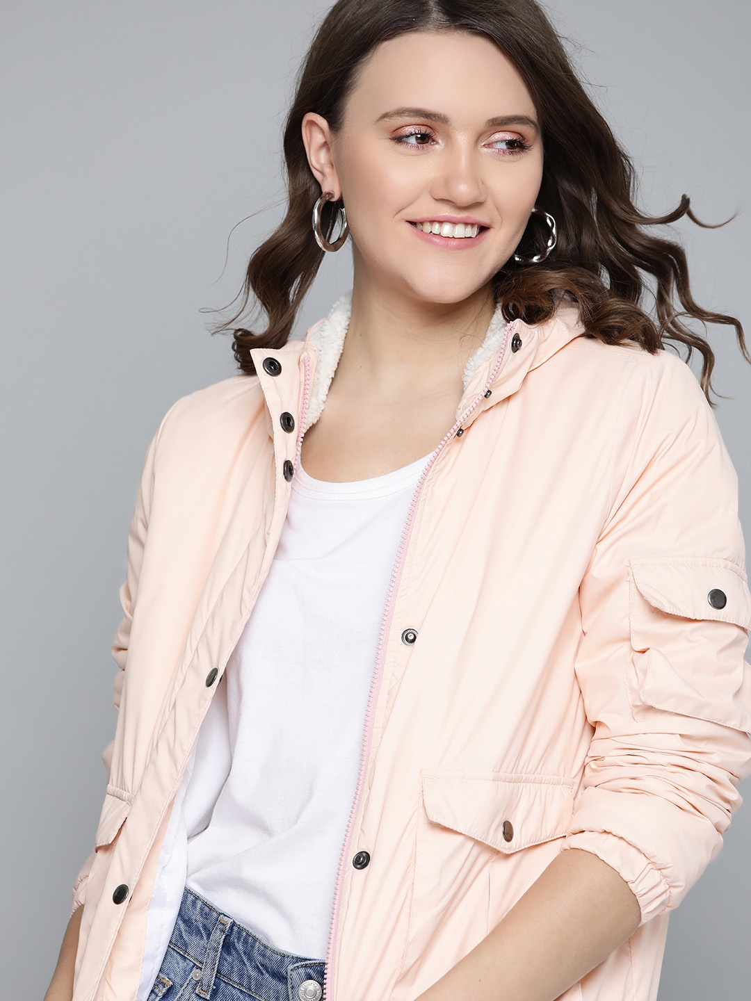 

Mast & Harbour Women Pink Hooded Bomber Jacket