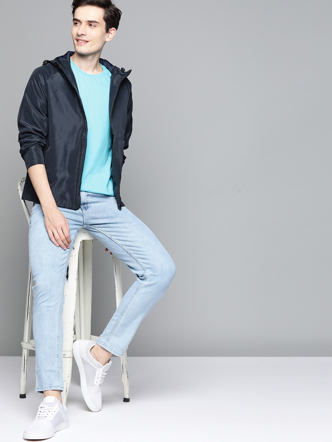 

Mast & Harbour Men Navy Blue Solid Hooded Tailored Jacket