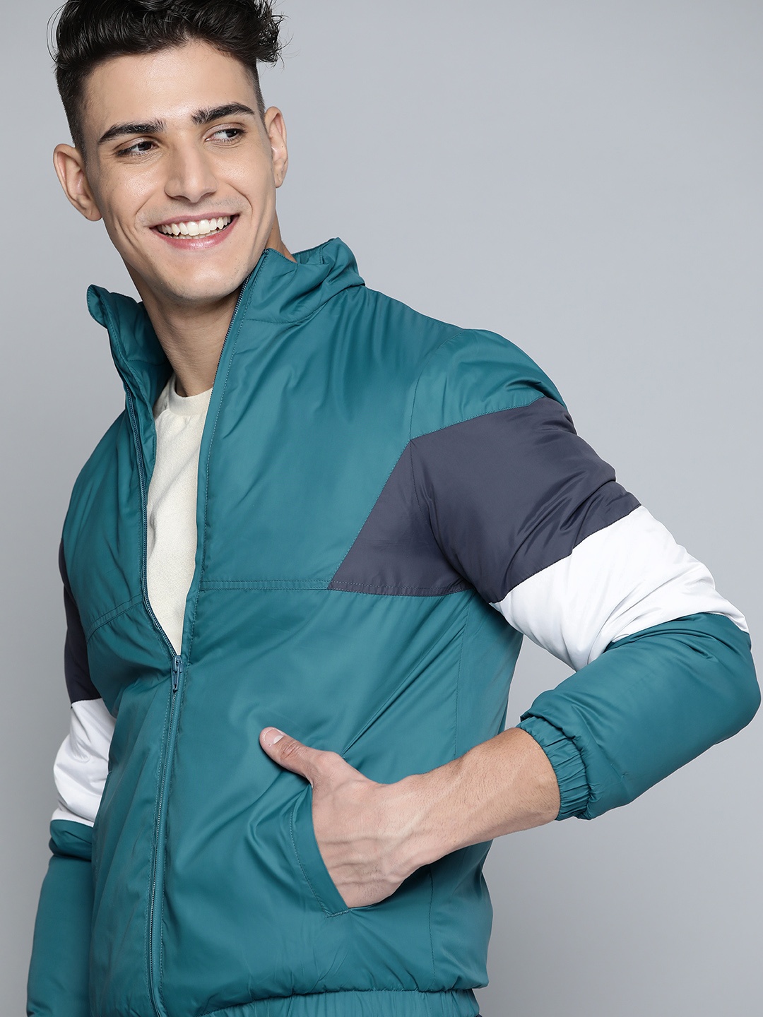 

Mast & Harbour Men Teal Blue Solid Bomber Jacket
