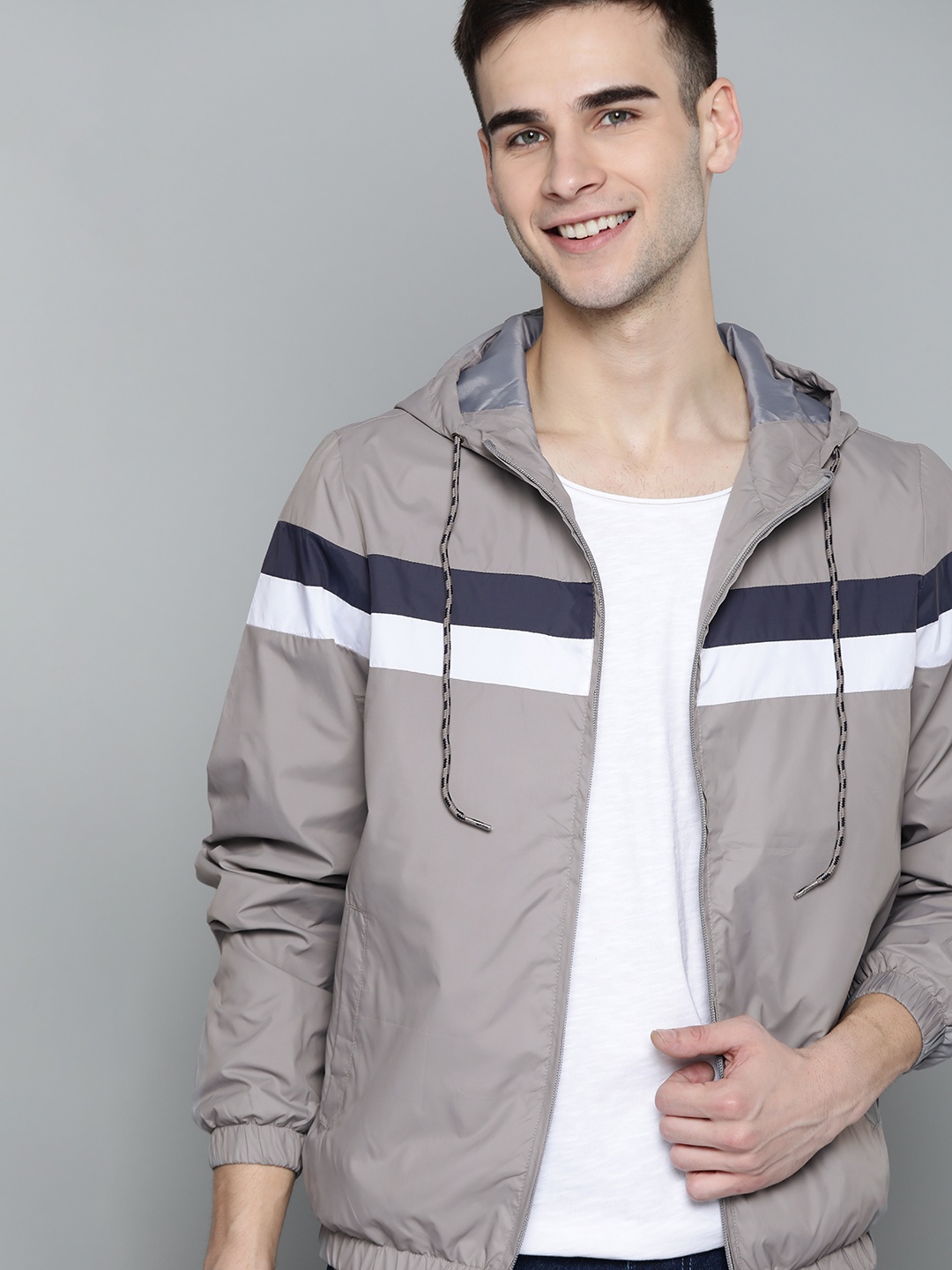 

Mast & Harbour Men Grey & Blue Striped Hooded Bomber Jacket