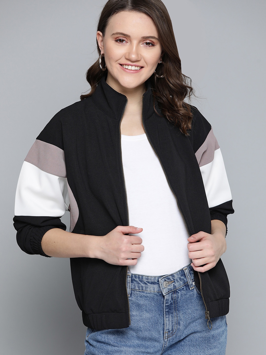 

Mast & Harbour Women Black & Grey Solid Bomber Jacket