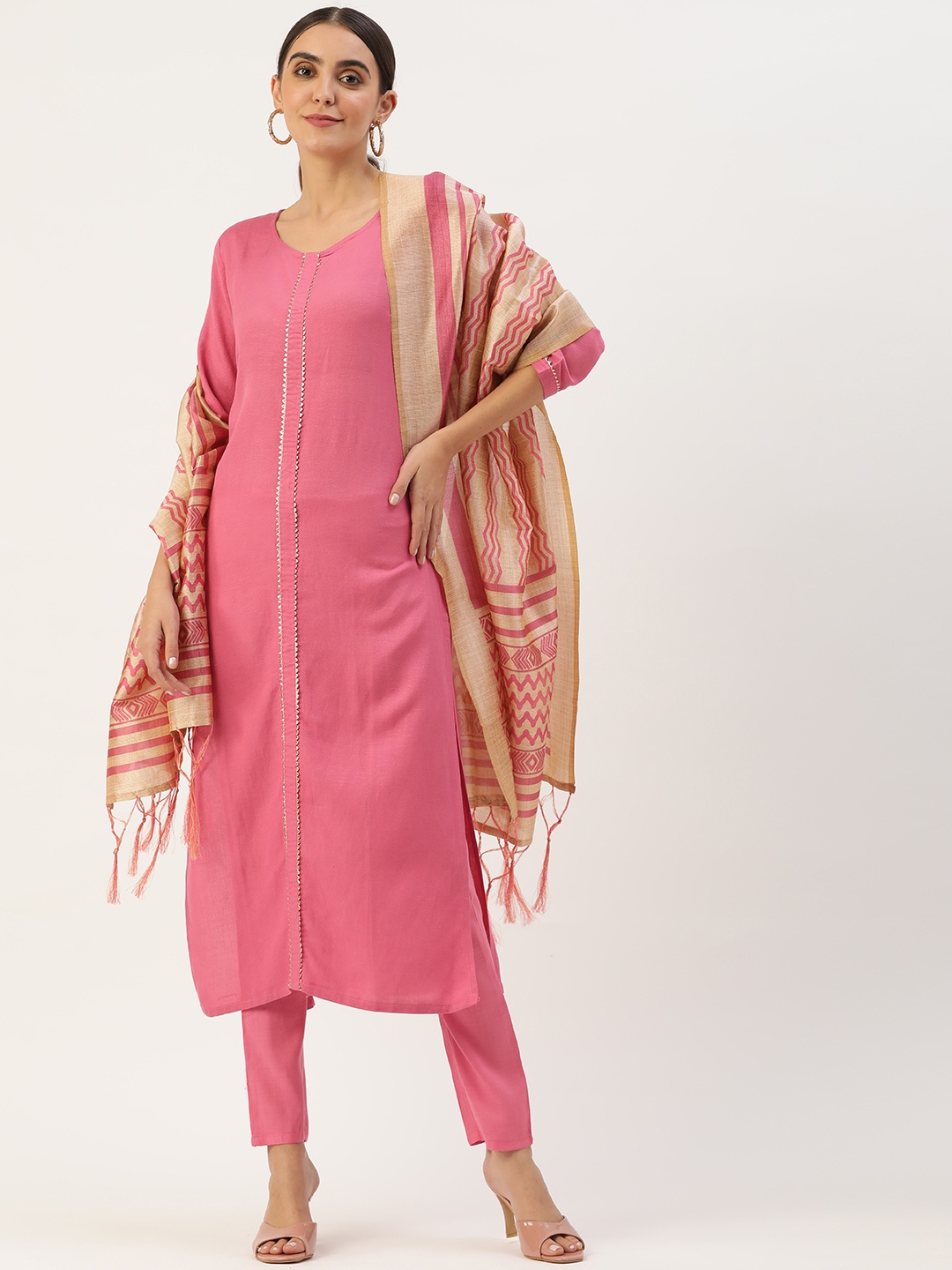 

VAABA Women Pink Kurta with Trousers & With Dupatta
