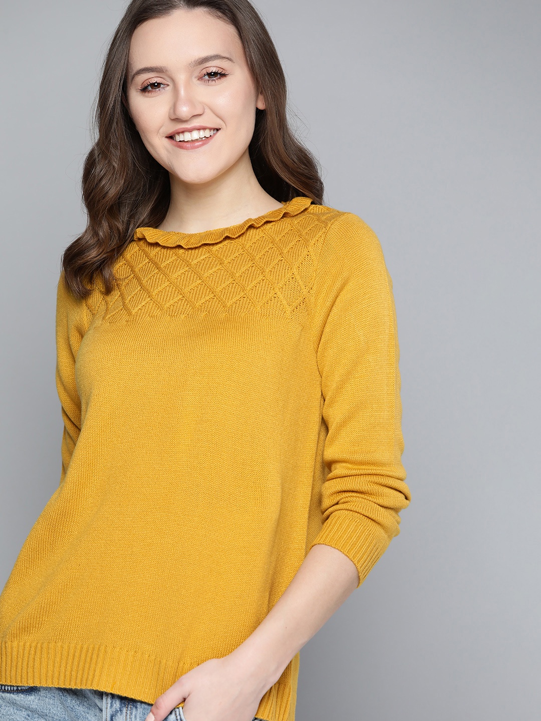 

Mast & Harbour Women Mustard Yellow Solid Pullover