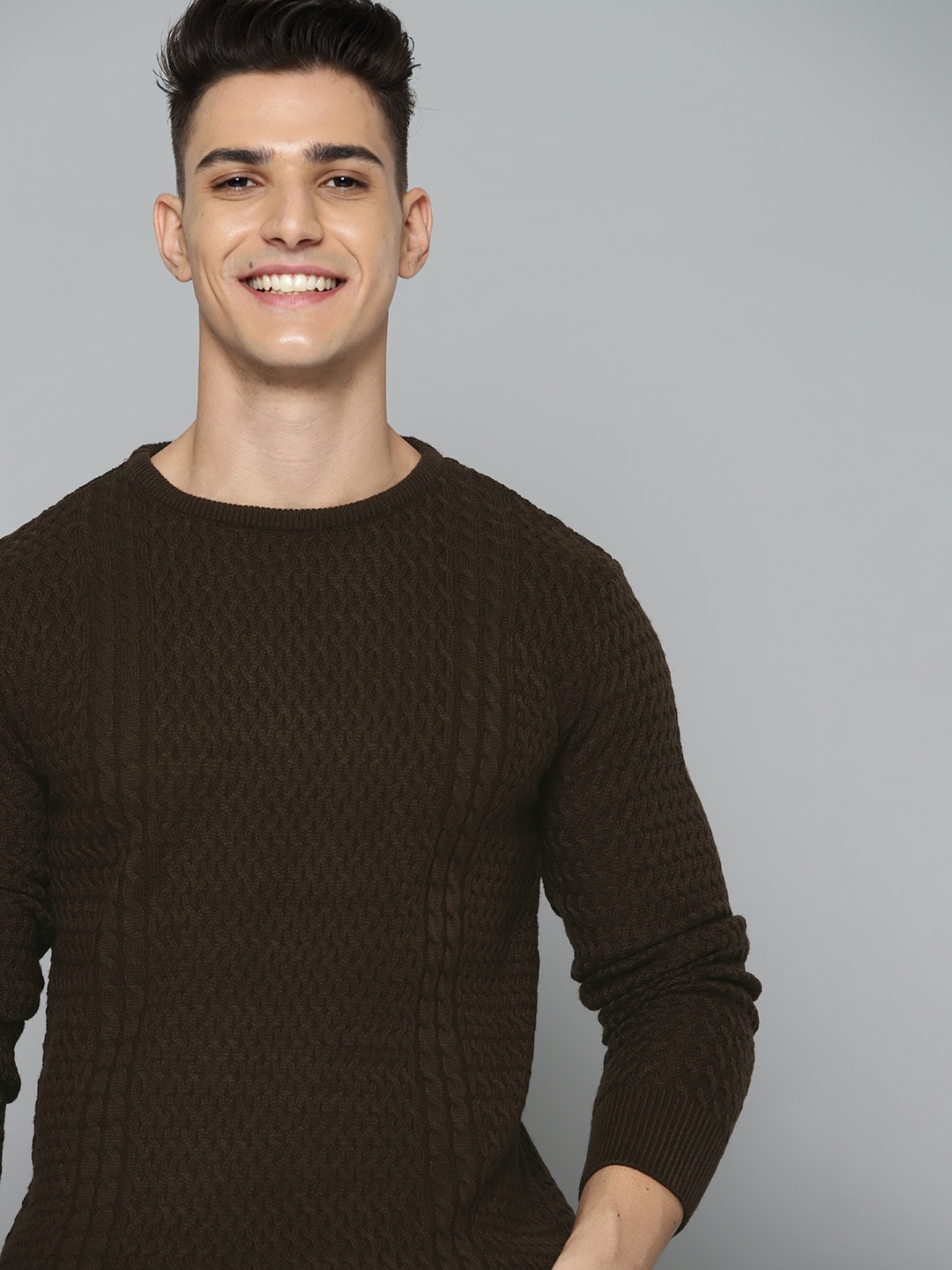 

Mast & Harbour Men Coffee Brown Cable Knit Self Design Pullover