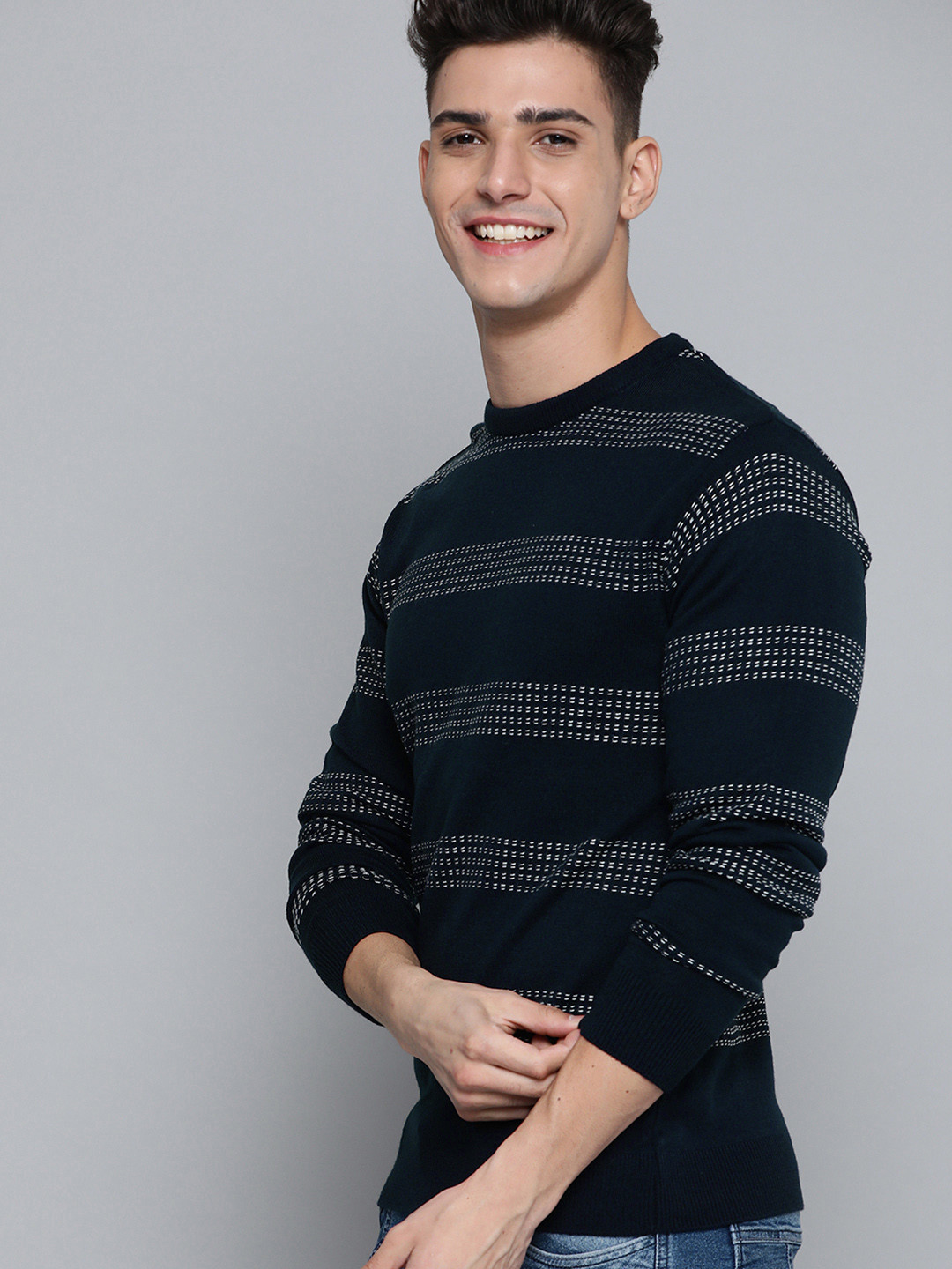 

Mast & Harbour Men Navy Blue Striped Pullover