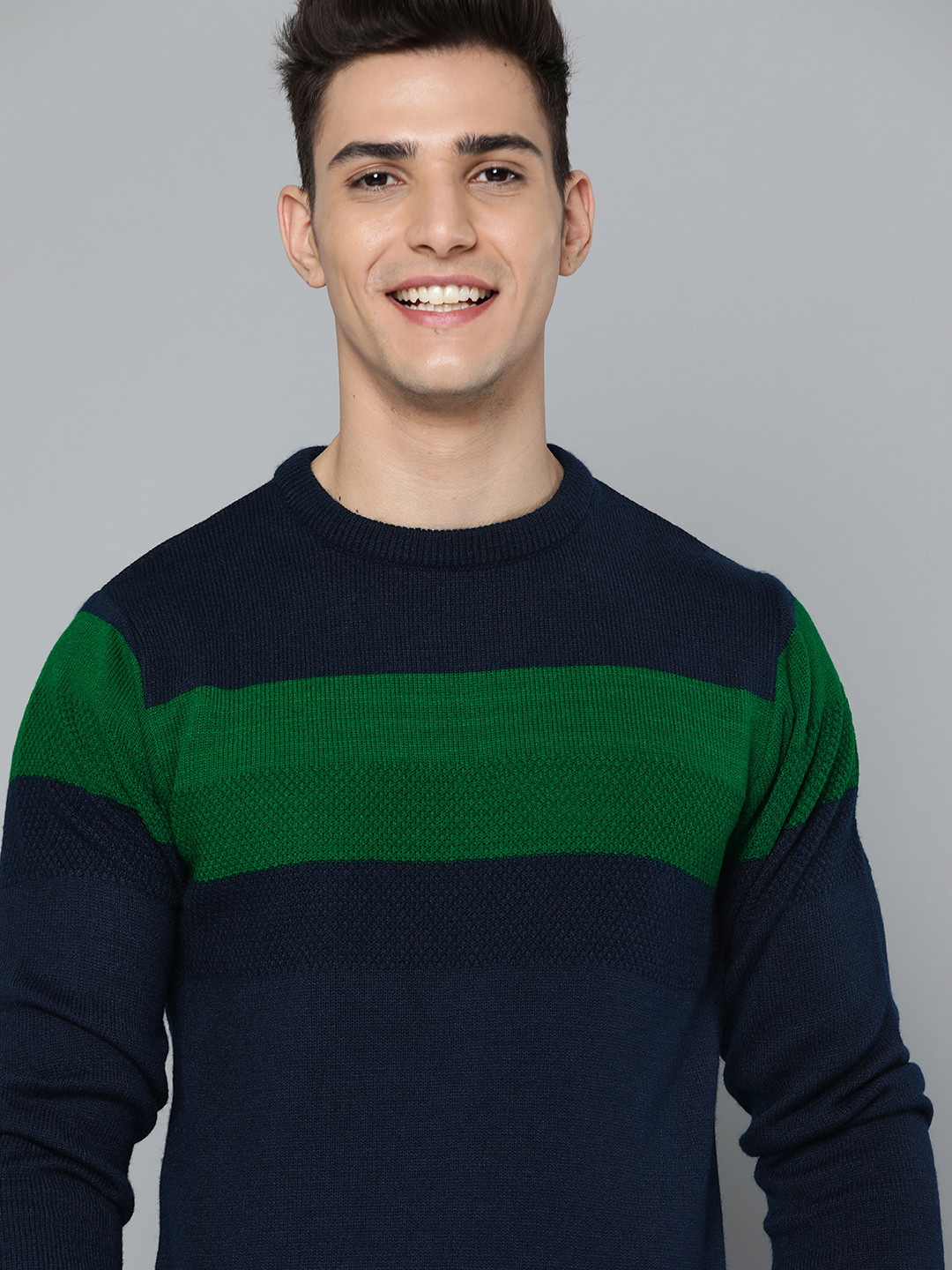 

Mast & Harbour Men Navy Blue & Green Colourblocked Pullover