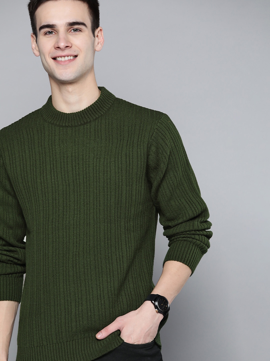 

Mast & Harbour Men Green Striped Pullover Sweater