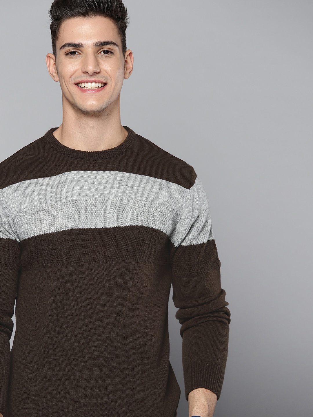 

Mast & Harbour Men Coffee Brown & Grey Acrylic Striped Pullover