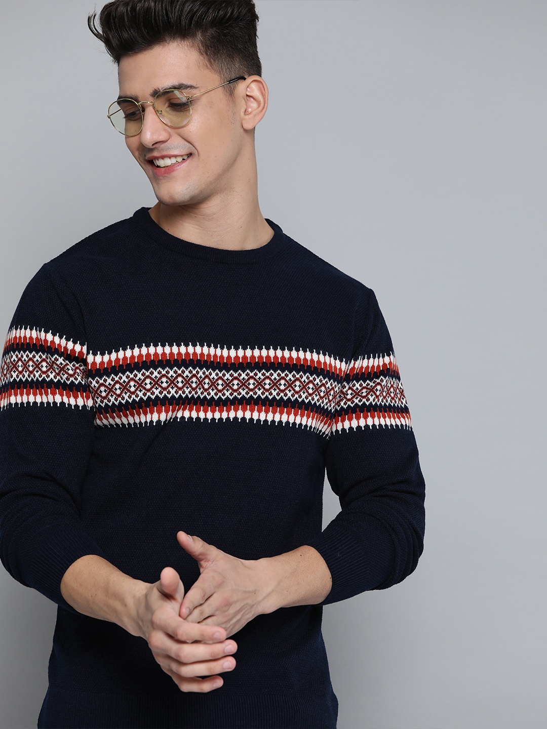 

Mast & Harbour Men Navy Blue Self Design Pullover