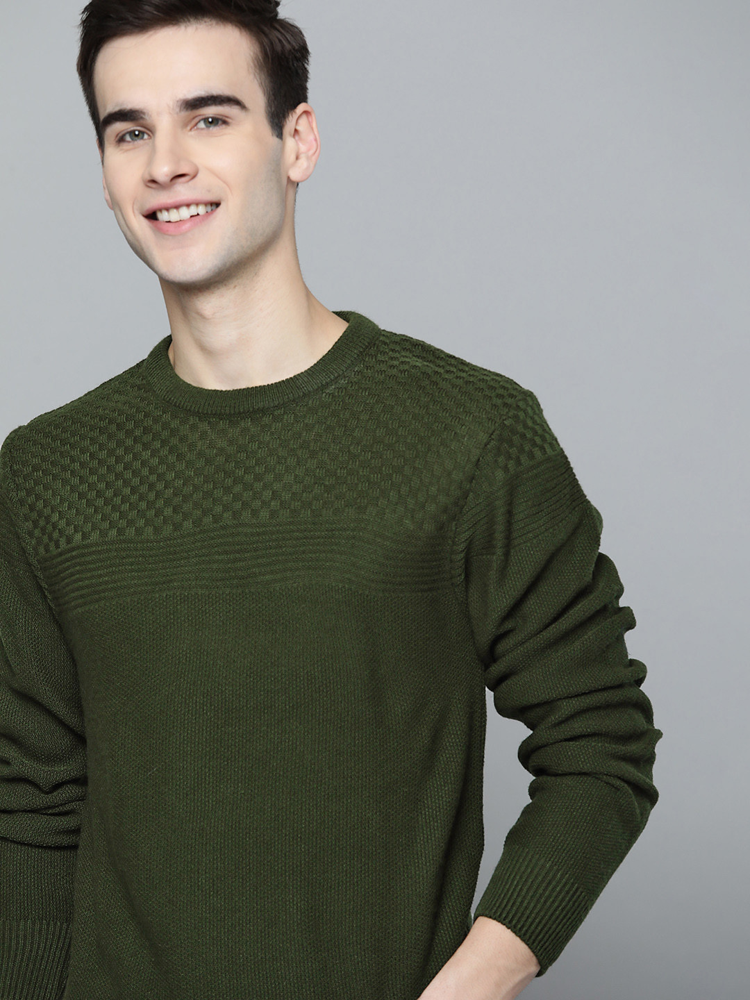 

Mast & Harbour Men Olive Green Self Design Pullover