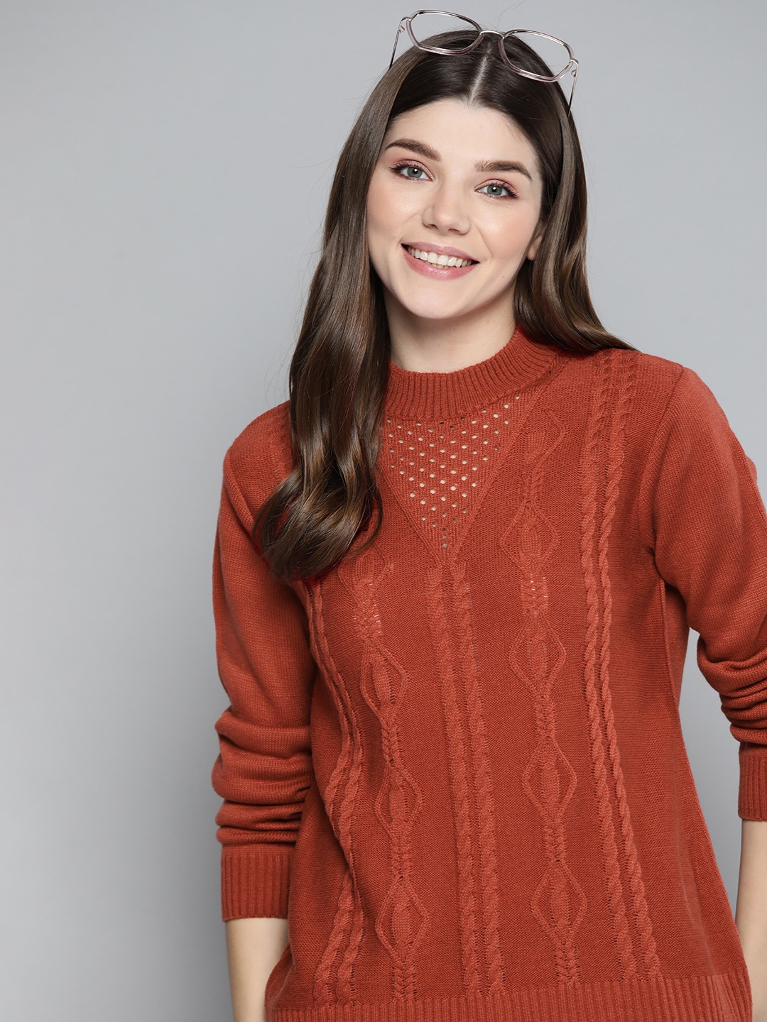 

Mast & Harbour Women Rust Red Cable Knit Pullover