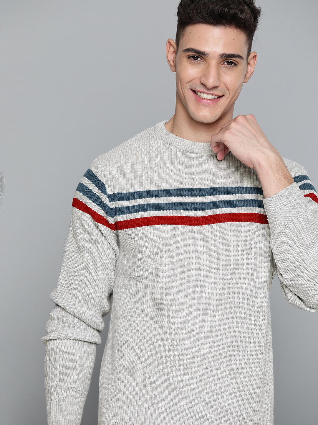 

Mast & Harbour Men Grey Melange Striped Pullover