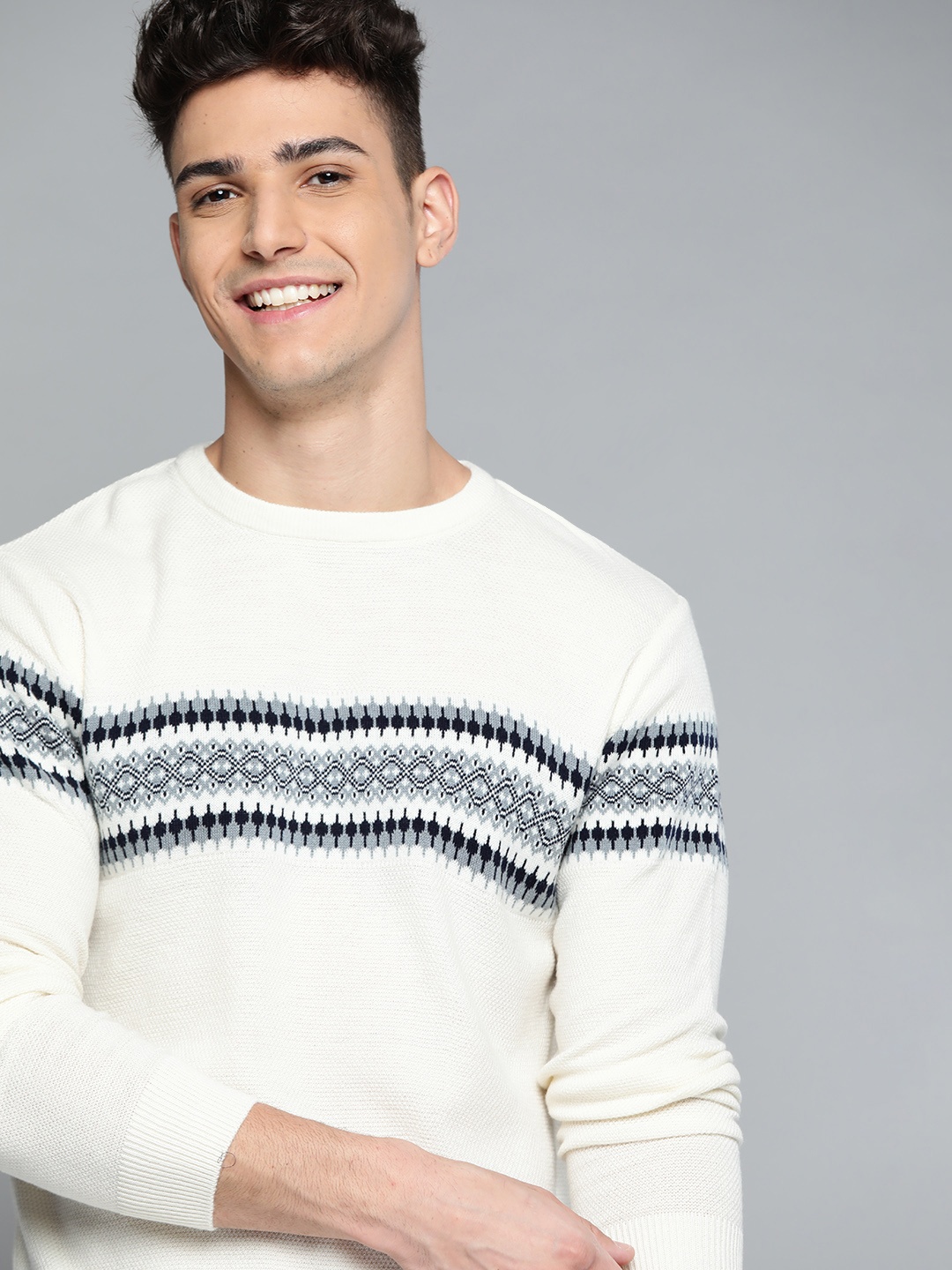 

Mast & Harbour Men Off White & Black Self Design Pullover