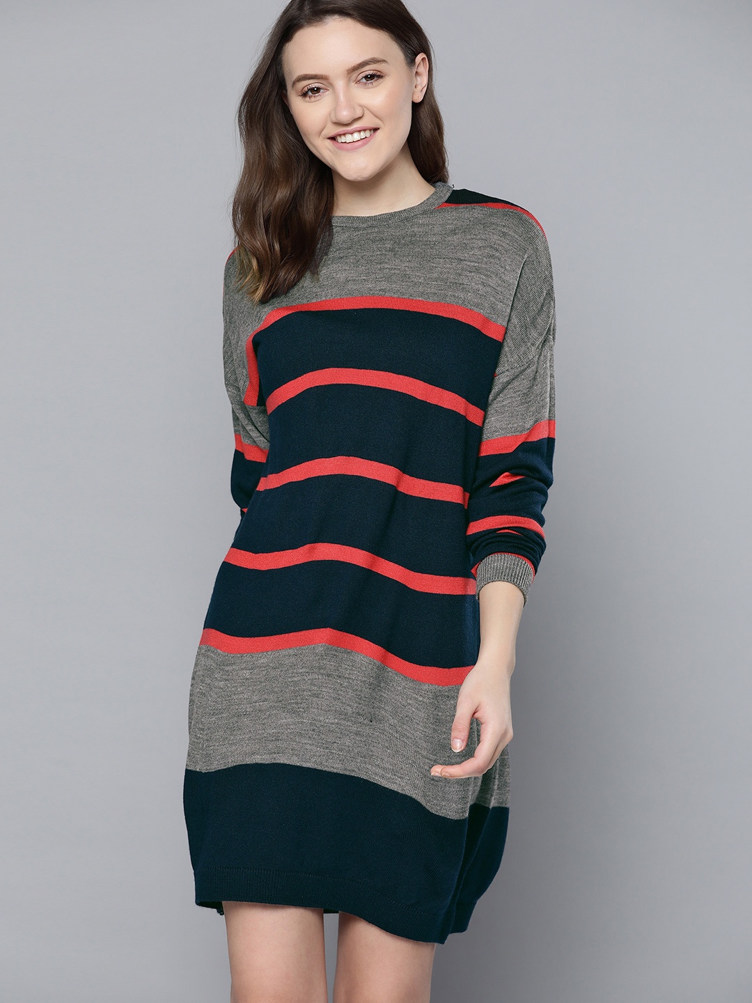 

Mast & Harbour Navy Blue & Grey Melange Striped Jumper Dress