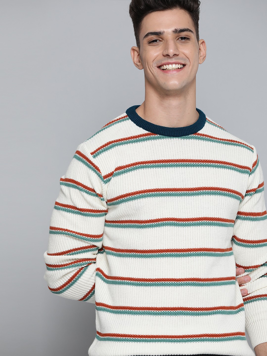 

Mast & Harbour Men Off White Striped Pullover