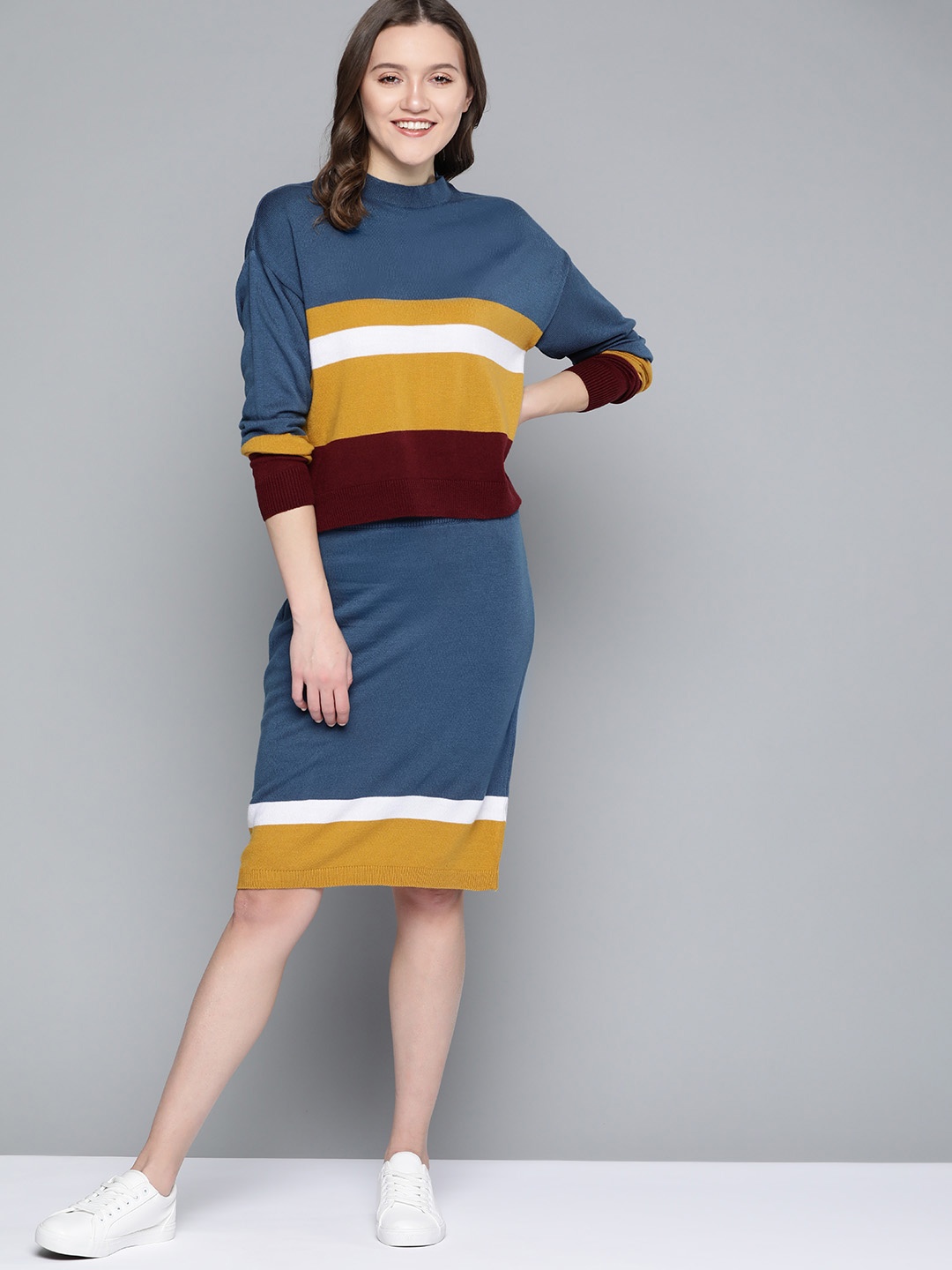 

Mast & Harbour Women Blue & Mustard Yellow Striped Knitted Co-Ords