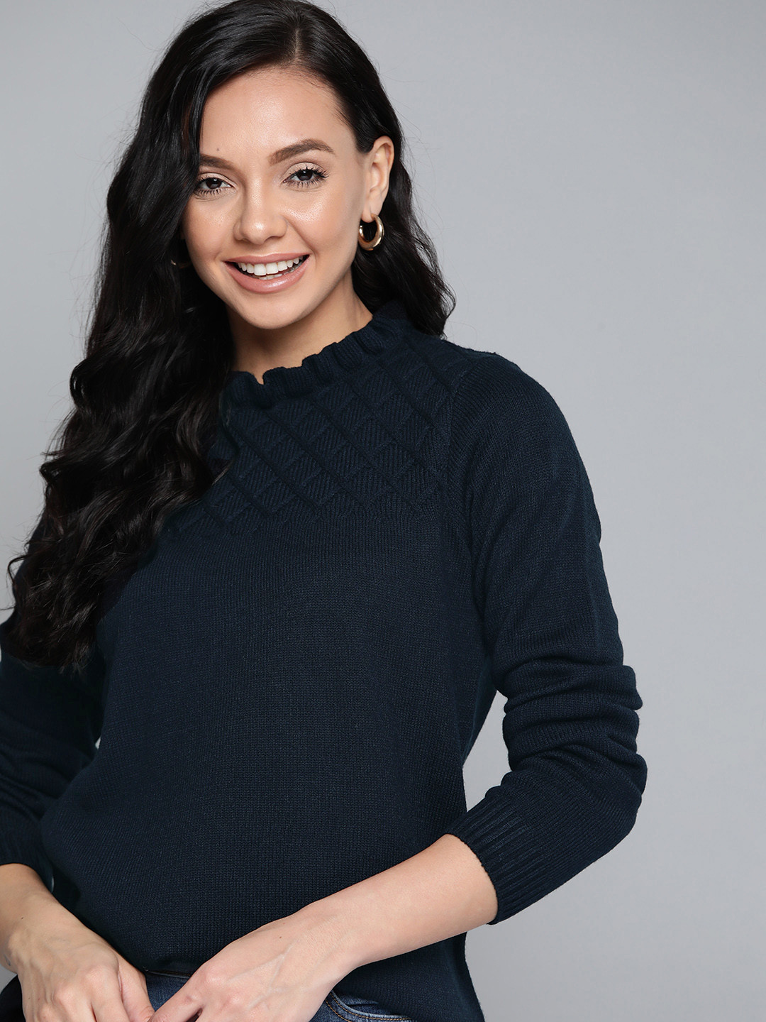 

Mast & Harbour Women Navy Blue Self Design Pullover