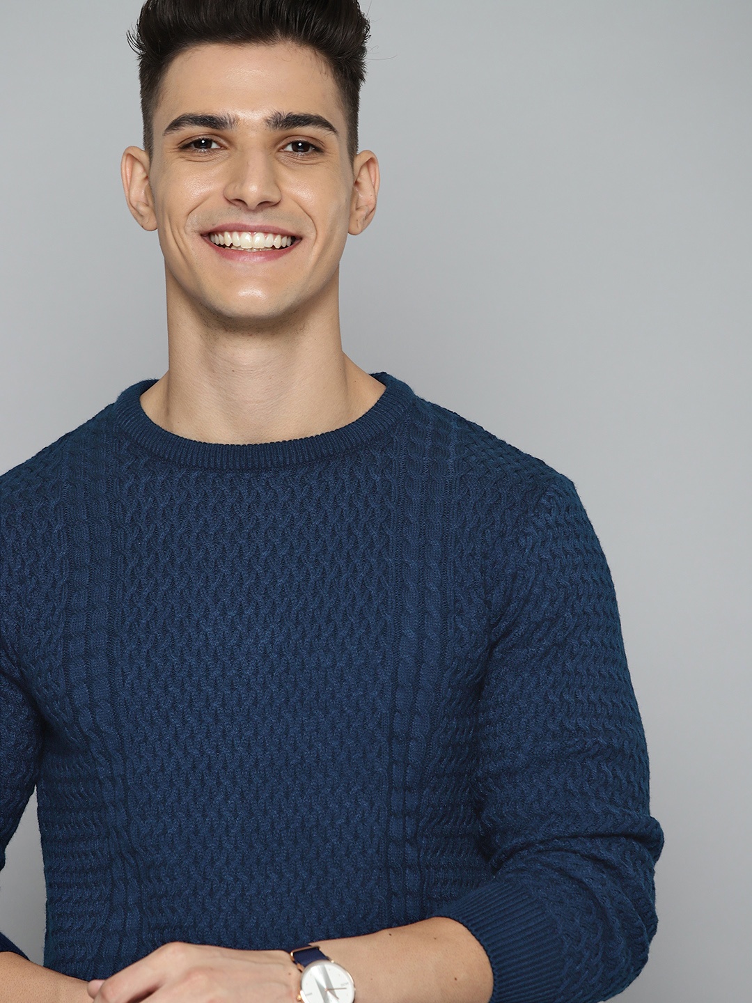 

Mast & Harbour Men Navy Blue Cable Knit Pullover Sweater