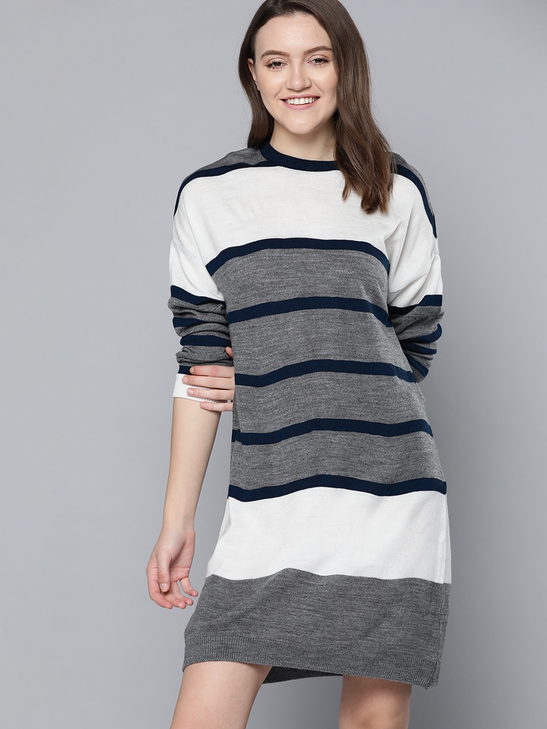 

Mast & Harbour Charcoal Grey & White Striped Jumper Dress