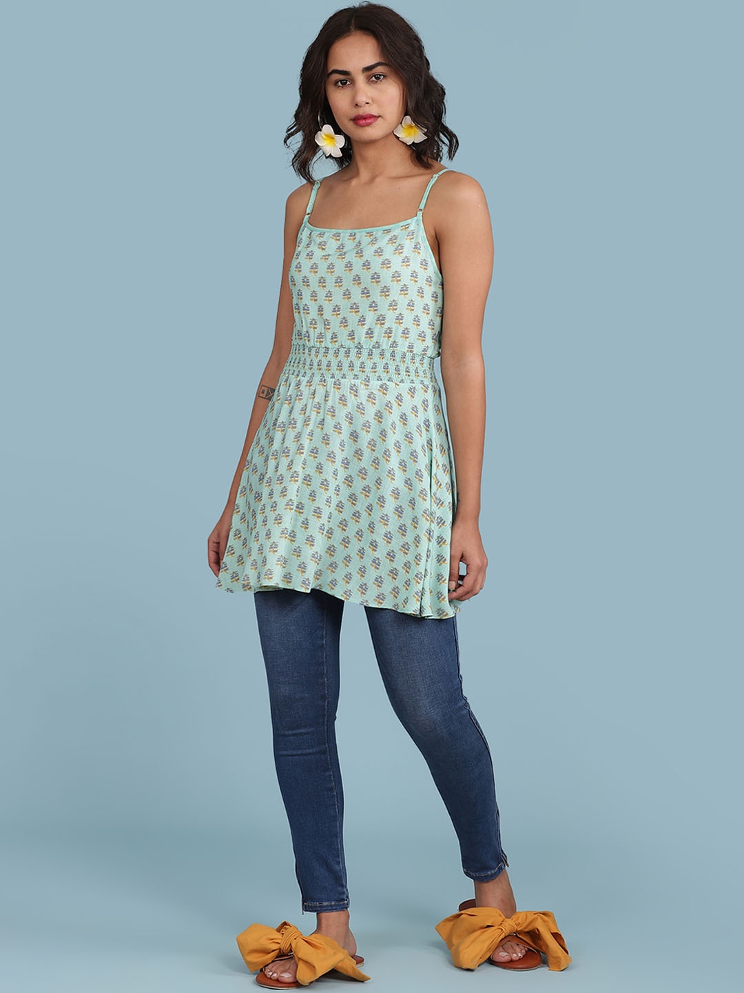 

aarke Ritu Kumar Green & Mustard Yellow Cinched Waist Top