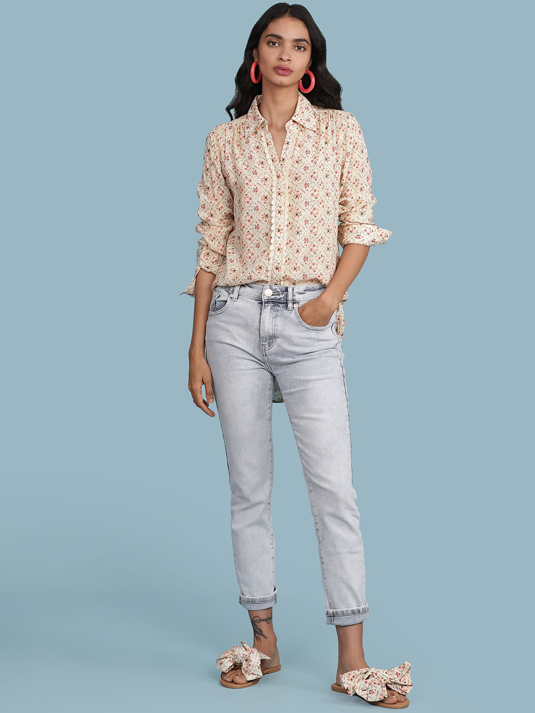 

aarke Ritu Kumar Women Off White Floral Printed High-Low Casual Shirt