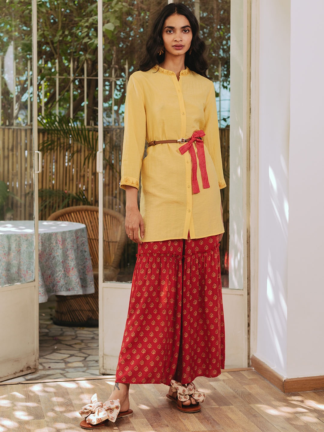 

aarke Ritu Kumar Yellow Mandarin Collar Shirt Style Longline Top