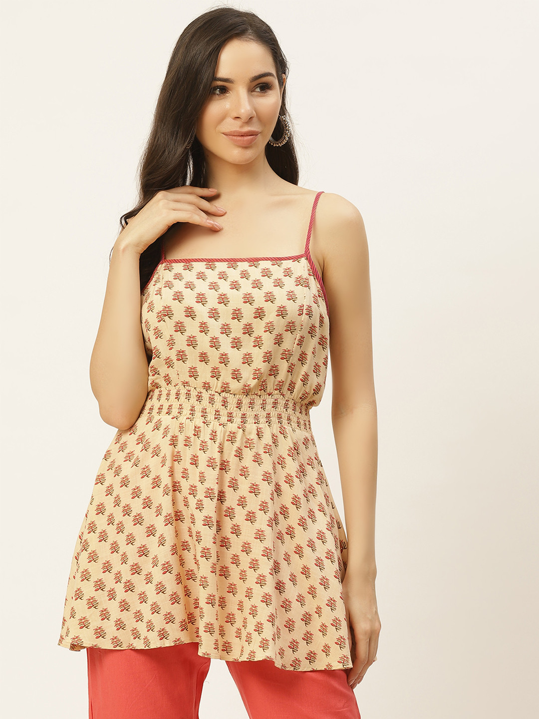 

aarke Ritu Kumar Beige & Red Printed A-Line Top