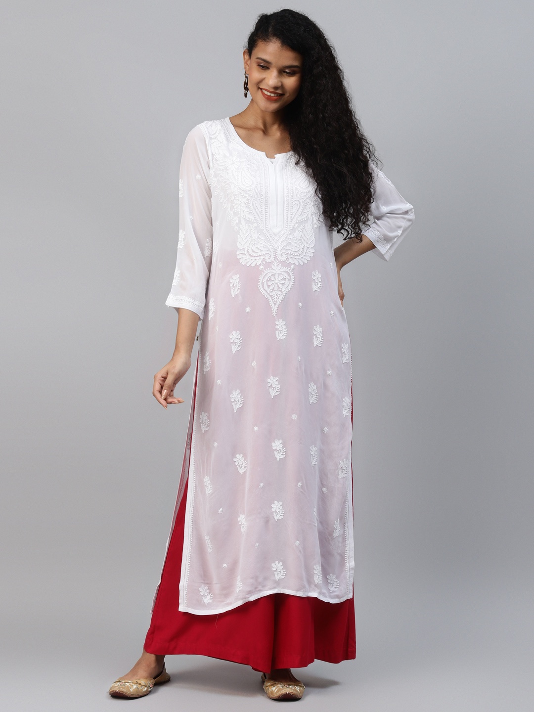 

ADA Women White Ethnic Motifs Hand Embroidered Chikankari Georgette Kurta