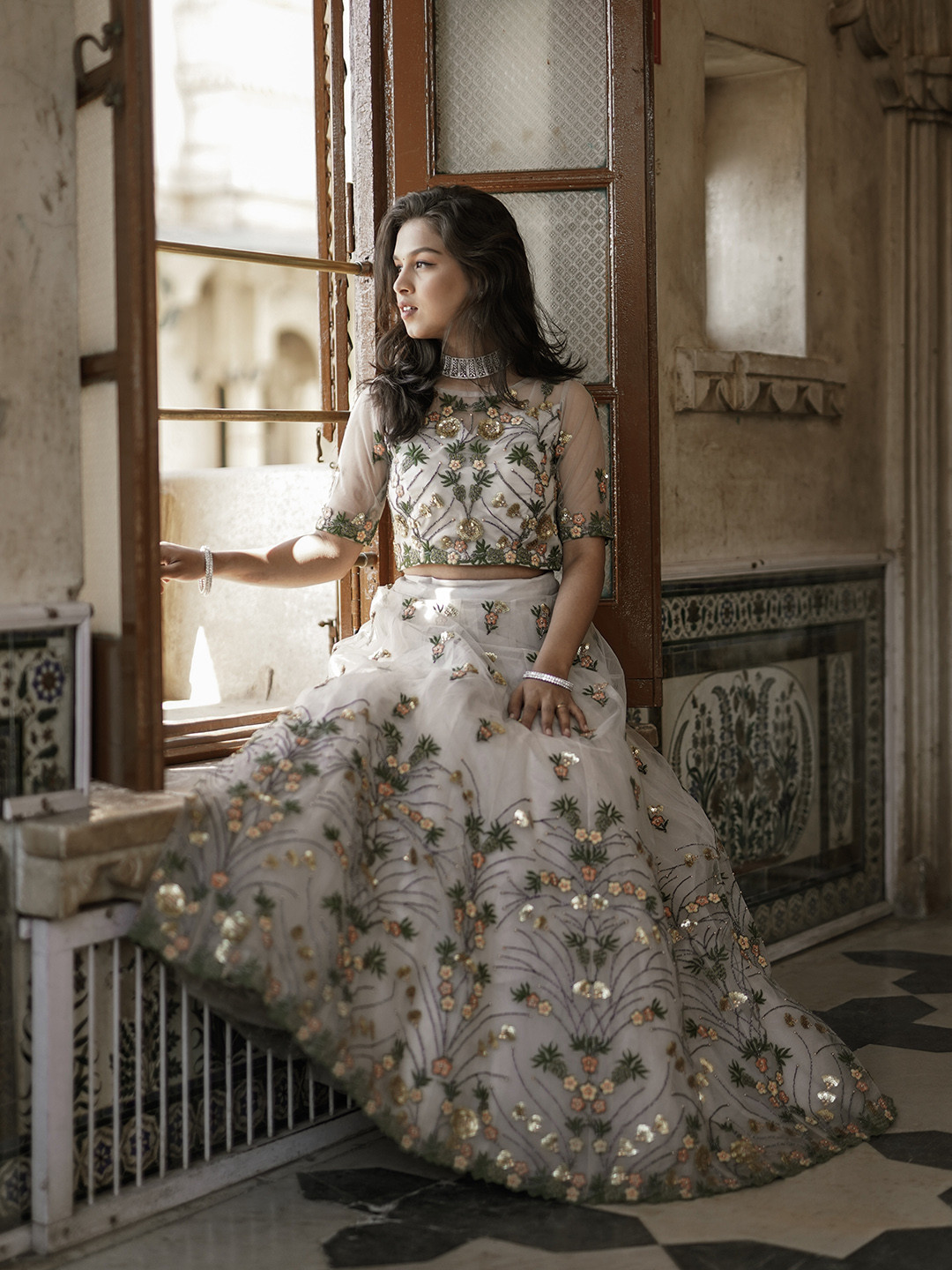 

panchhi Grey & Green Embellished Semi-Stitched Lehenga & Unstitched Blouse with Dupatta