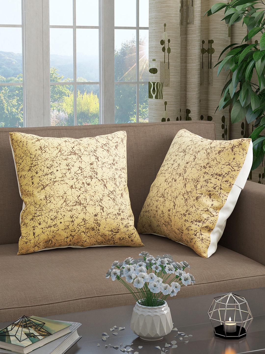 

Story@home Cream-Coloured & Brown Set of 2 Abstract Square Cushion Covers