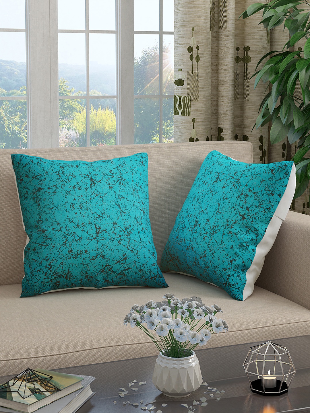 

Story@home Blue & White Set of 2 Abstract Square Cushion Covers