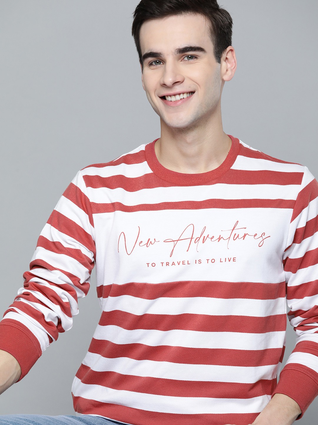 

Mast & Harbour Men Coral Pink & White Striped Sweatshirt