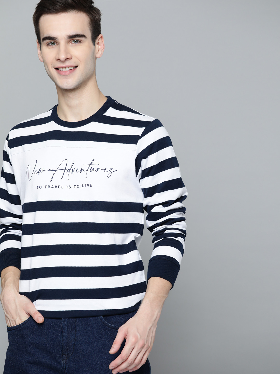 

Mast & Harbour Men Navy & White Striped Sweatshirt, Navy blue