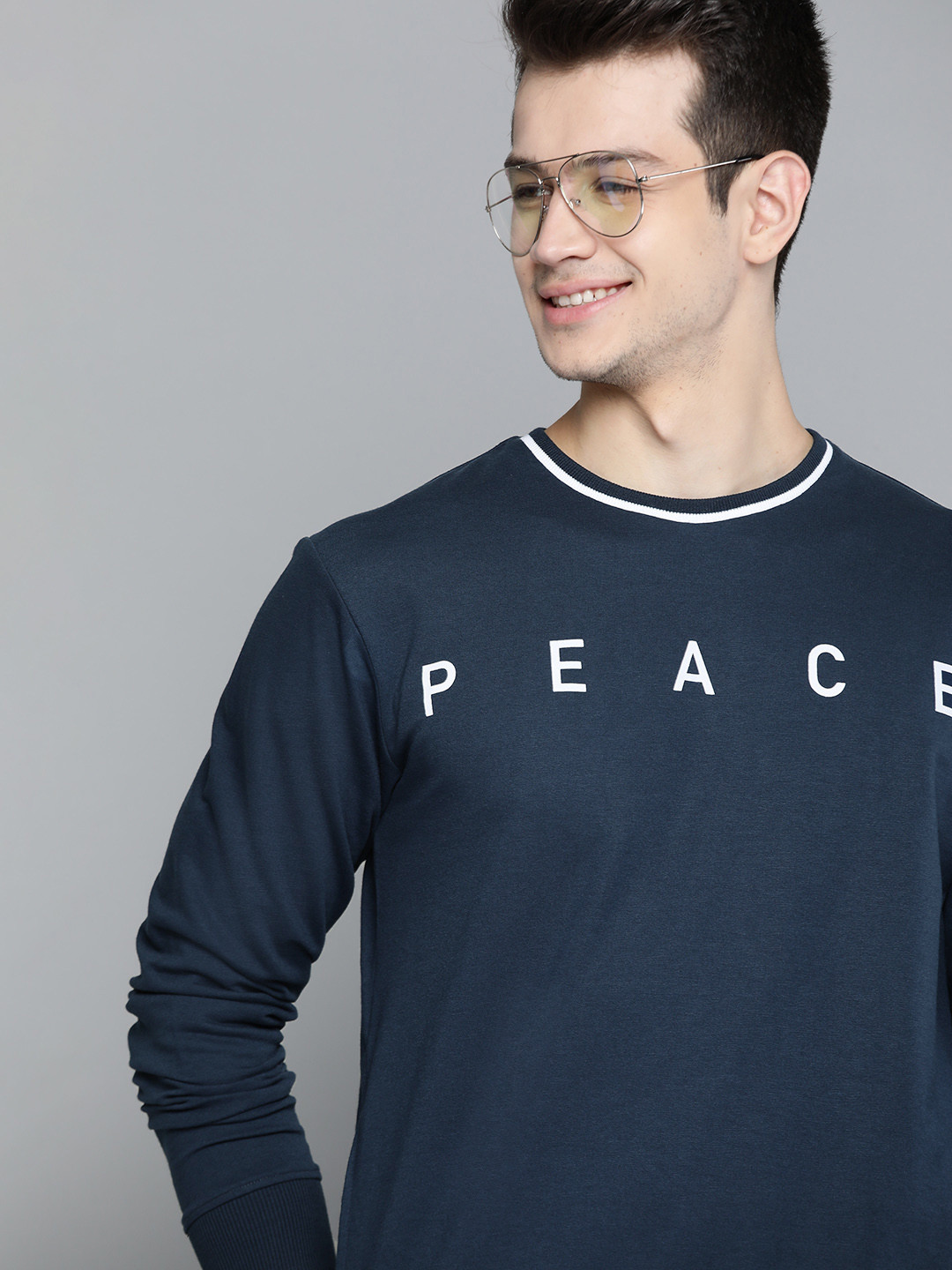 

Mast & Harbour Men Navy Blue Handcrafted Printed Detail Sweatshirt