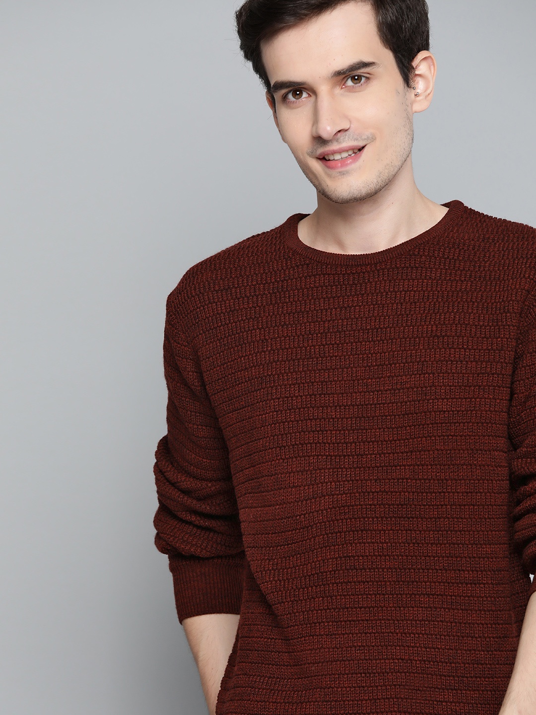 

Mast & Harbour Men Maroon Self Design Geometric Pullover Sweater