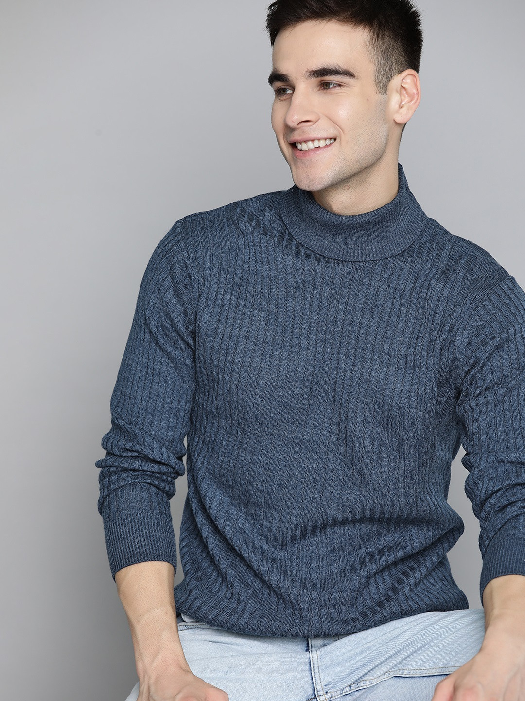 

Mast & Harbour Men Navy Blue Self-Striped Pullover