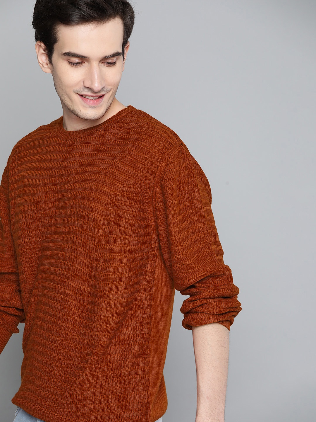 

Mast & Harbour Men Rust Brown Self Design Geometric Pullover Sweater