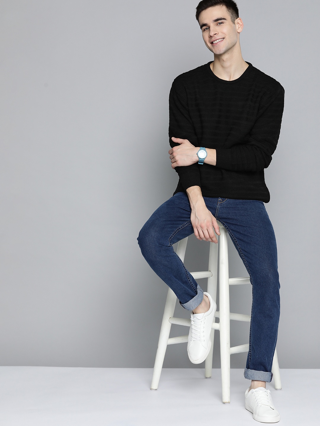 

Mast & Harbour Men Black Self-Striped Pullover