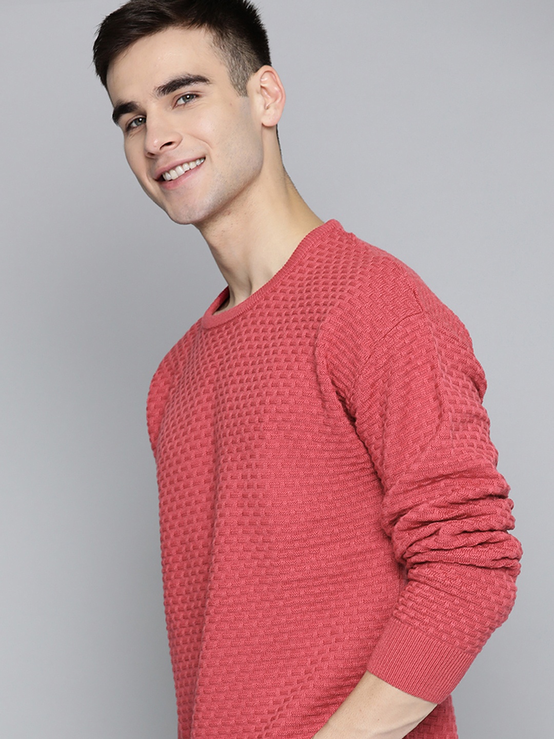 

Mast & Harbour Men Red Self Design Pullover