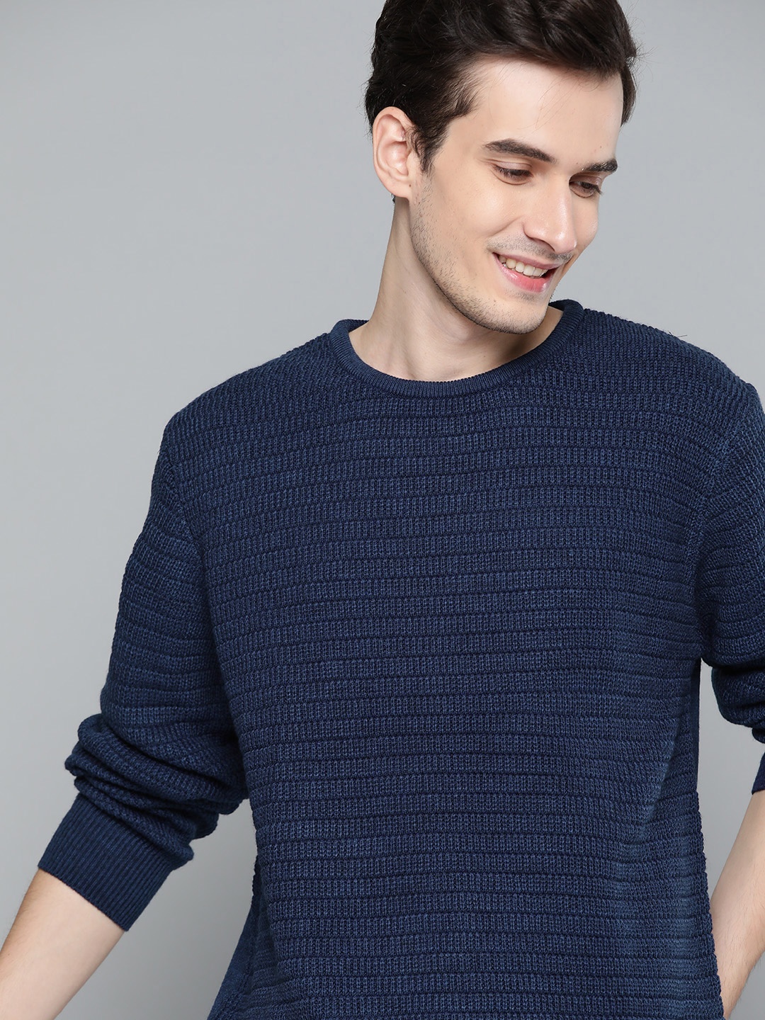 

Mast & Harbour Men Navy Blue Self Design Pullover Sweater