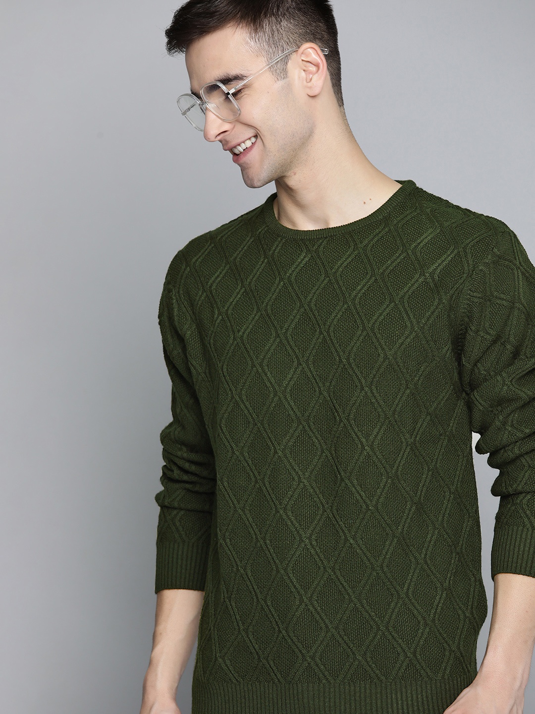 

Mast & Harbour Men Green Self Design Pullover