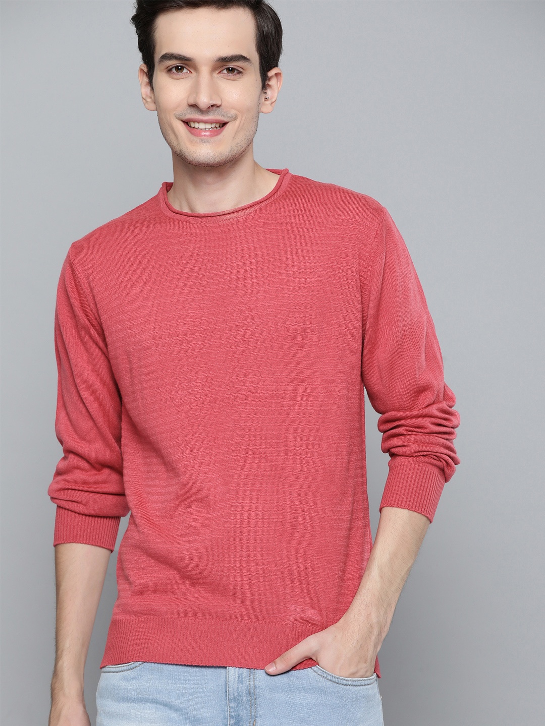

Mast & Harbour Men Coral Pink Solid Pullover