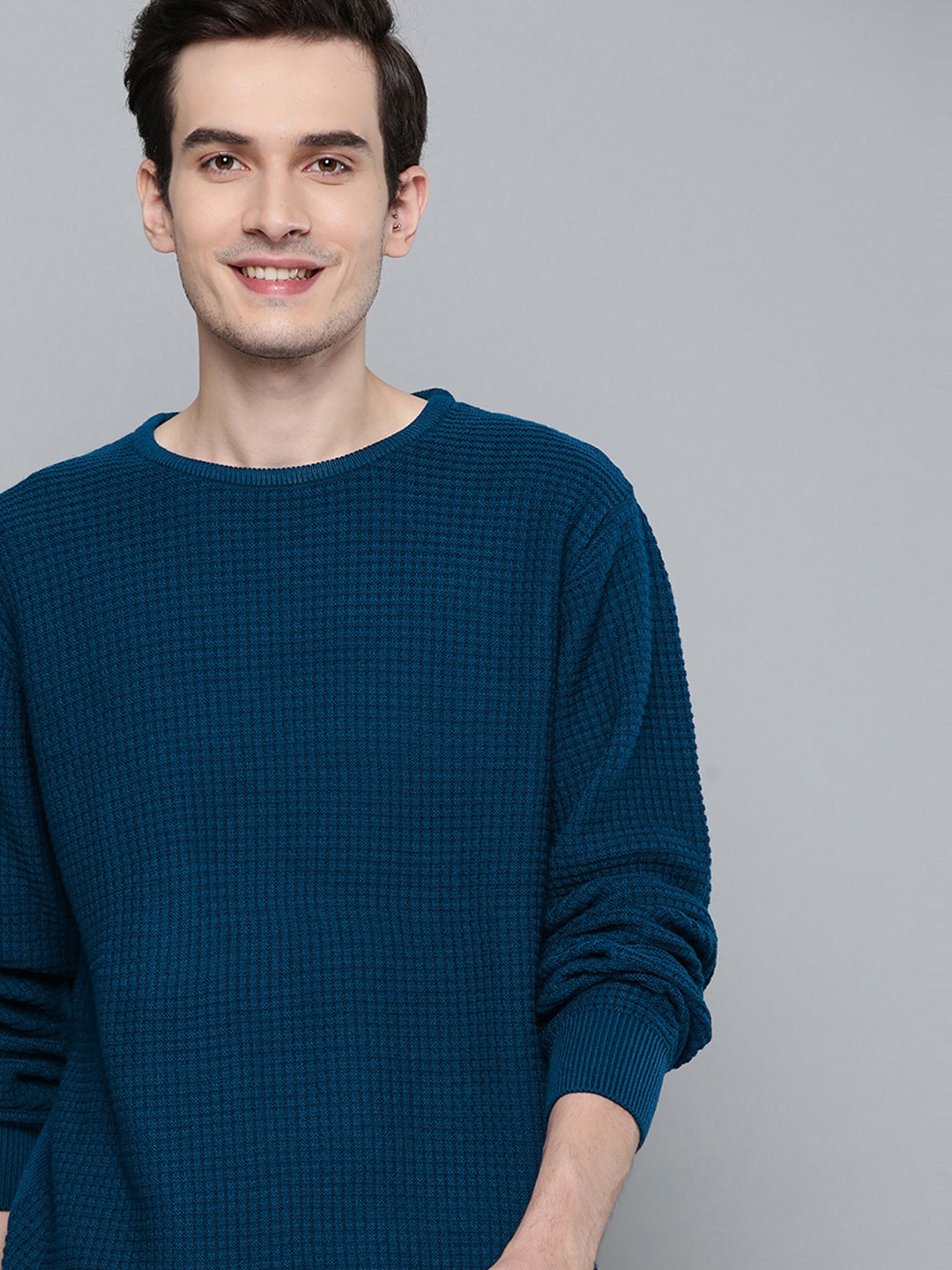 

Mast & Harbour Men Navy Blue Self Design Pullover