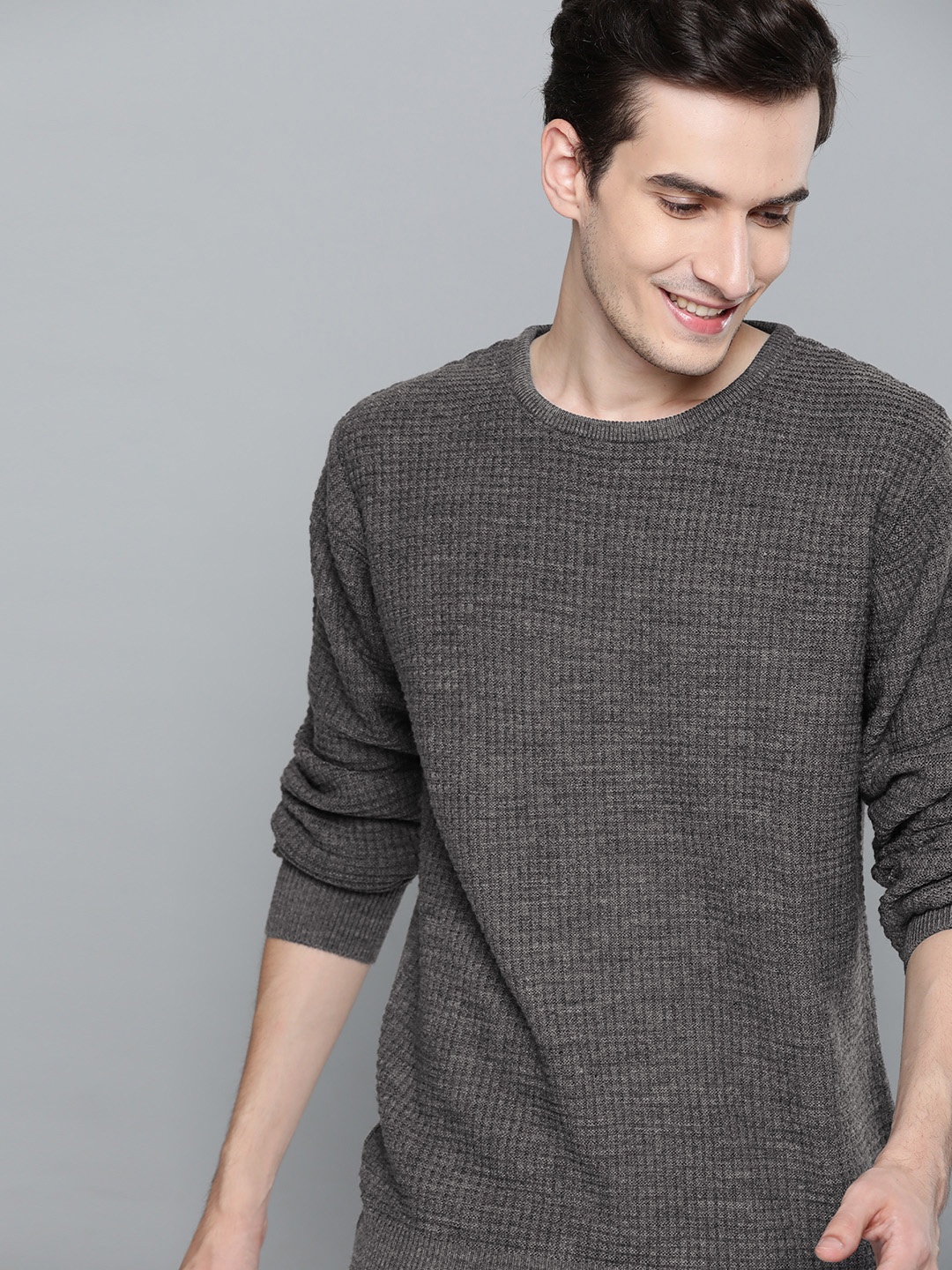 

Mast & Harbour Men Charcoal Grey Self Design Pullover