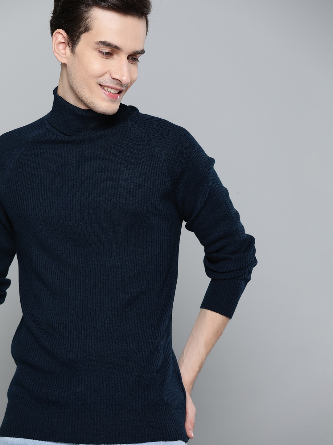 

Mast & Harbour Men Navy Blue Ribbed Turtle Neck Pullover