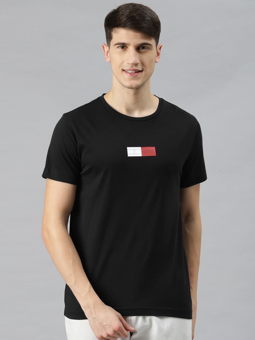 

Tommy Hilfiger Men Black Brand Logo Printed Pure Cotton T-shirt