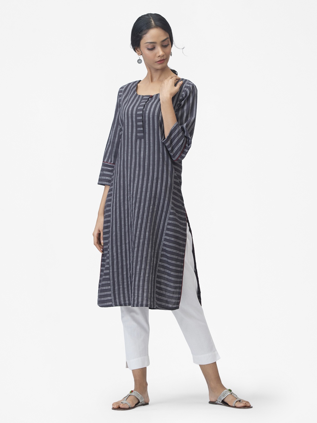 

Fabindia Women Grey & Off White Striped Straight Kurta