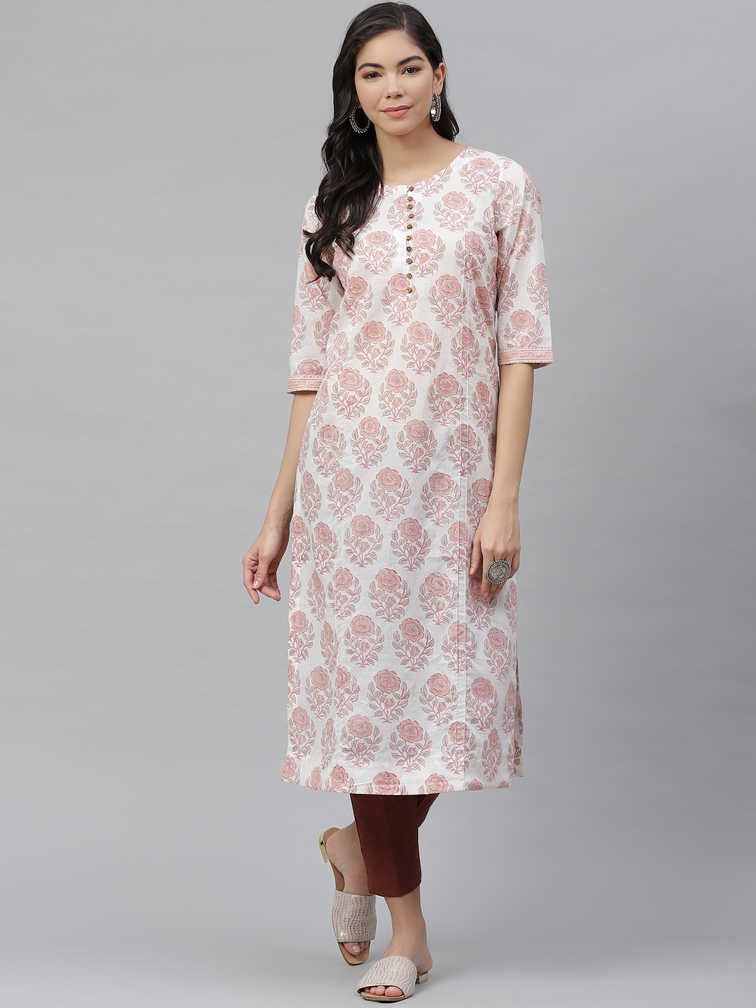 

Fabindia Women Off White & Pink Ethnic Motifs Printed Pure Cotton Kurta